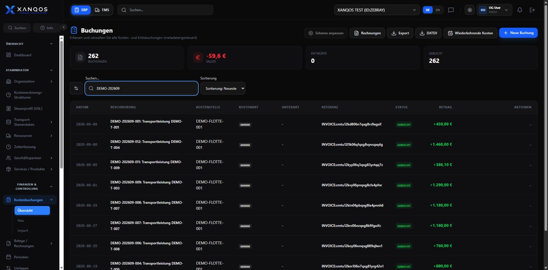 XANQOS Buchungsübersicht mit Demo-Buchungen und DATEV-Export