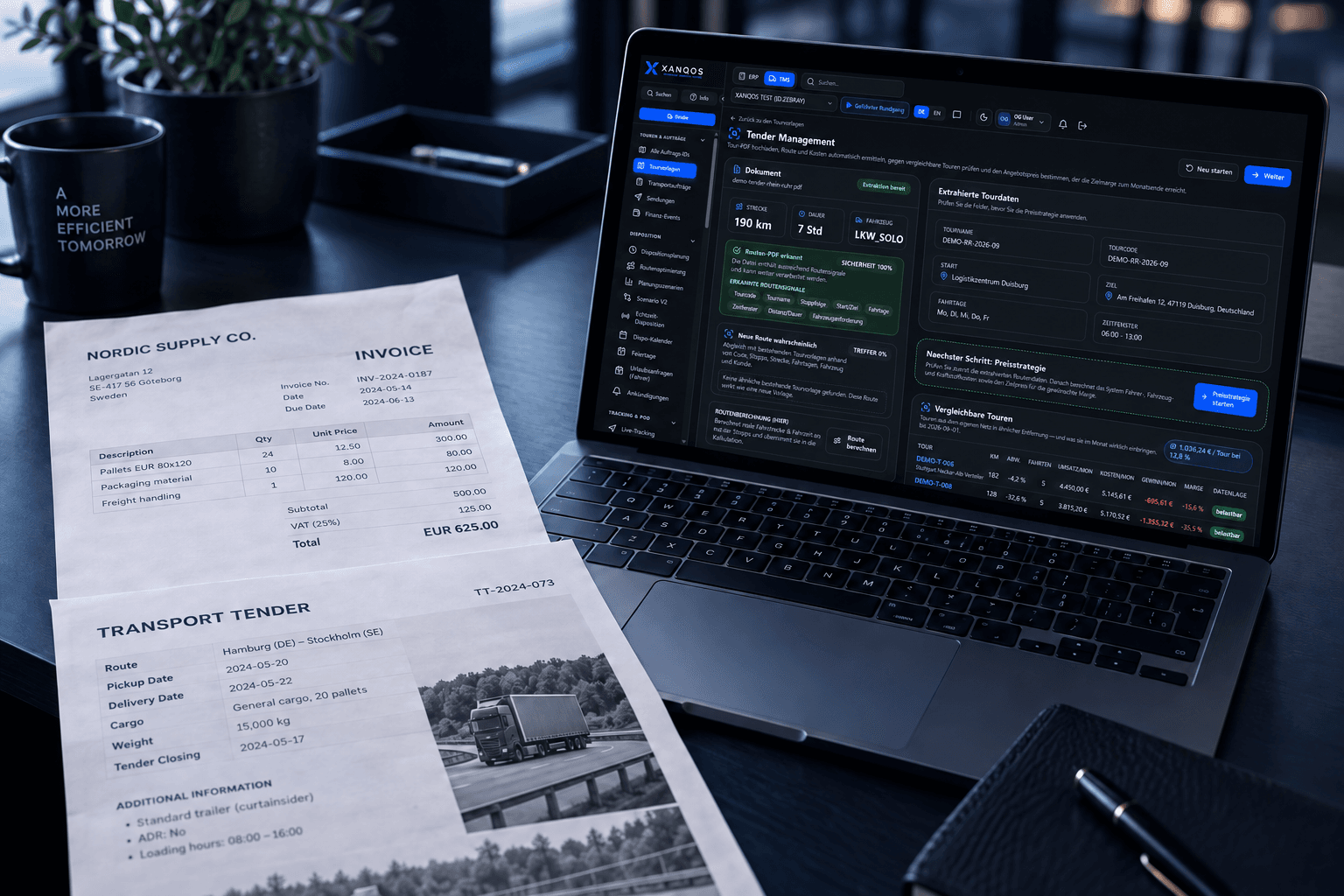 Rechnung und Transportdokument neben einem Laptop mit XANQOS Tender Management im dunklen Design
