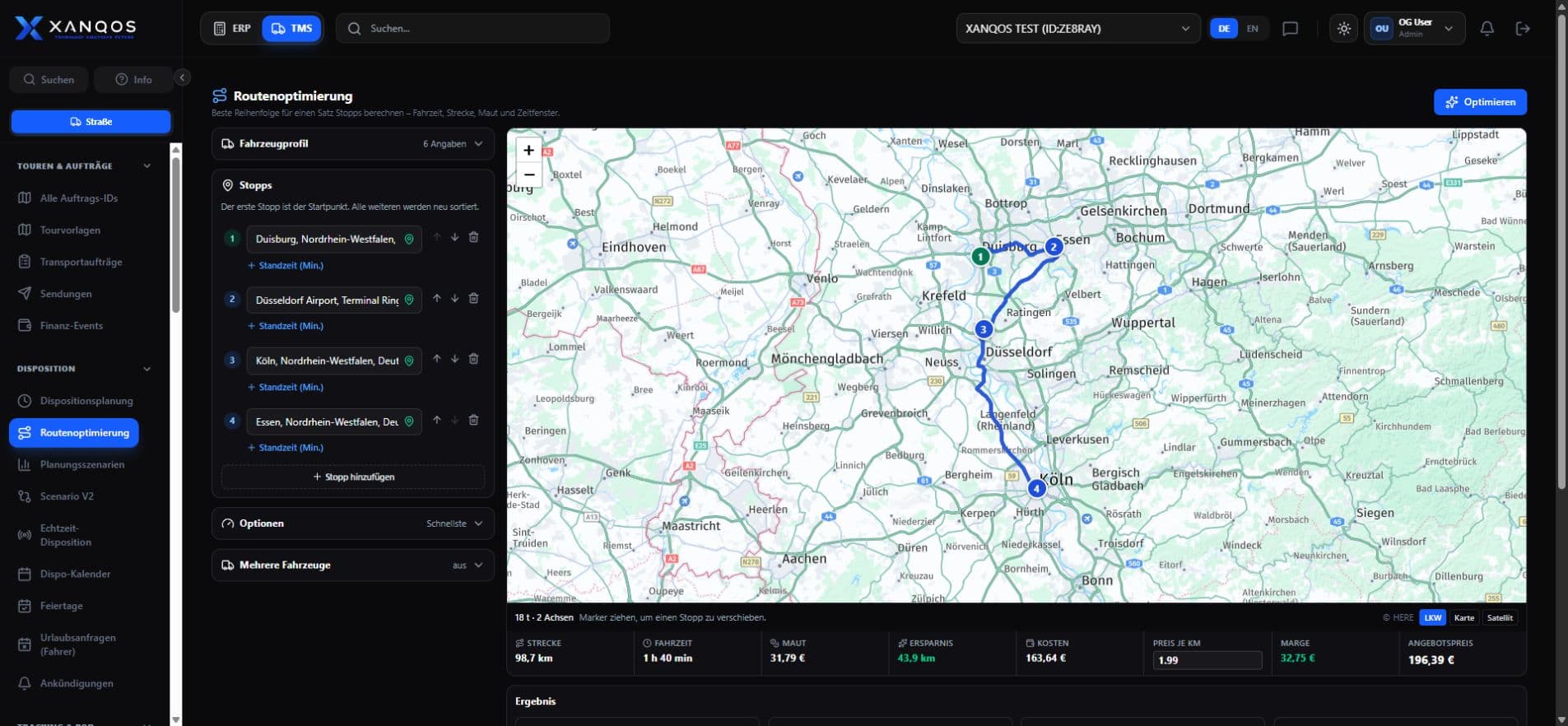XANQOS Routenoptimierung mit vier Stopps, berechneter Route und Transportkosten