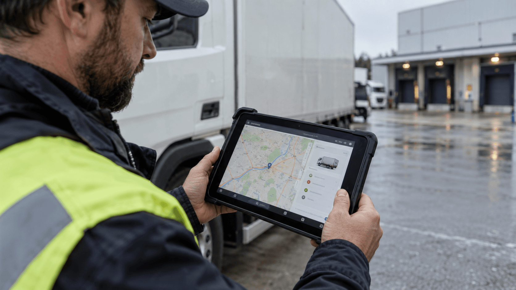 Mitarbeiter prüft Fahrzeugdetails auf einem robusten Tablet neben einem Lkw