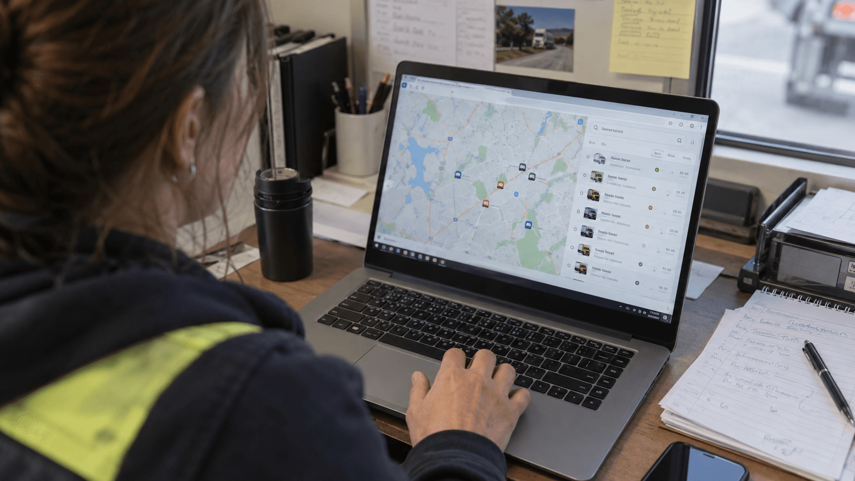 Disponent filtert eine Fahrzeugliste neben einer Live-Karte auf einem Laptop