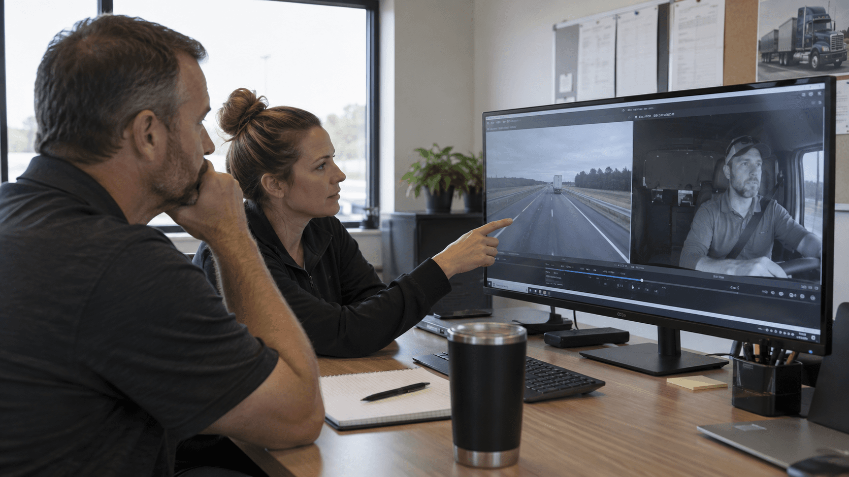Sicherheitsteam prüft synchronisierte Straßen- und Fahrerkameraaufnahmen auf einem Monitor