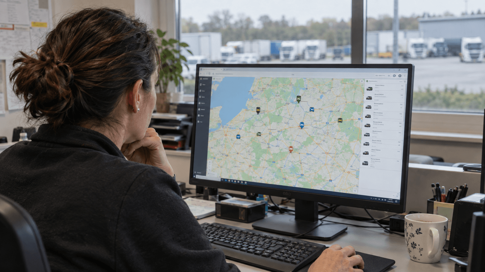 Disponent prüft Fahrzeugpositionen auf einer Flottenkarte im Transportbüro