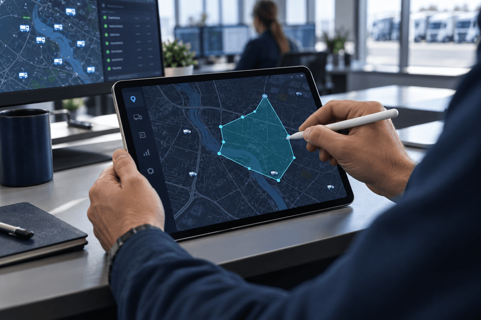 Disponent zeichnet eine Polygon-Geofence-Grenze auf einer Tabletkarte