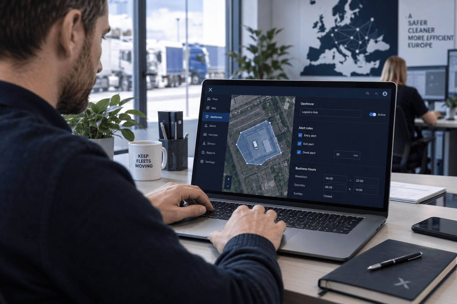 Disponent konfiguriert Geofence-Meldungen und Betriebszeiten am Laptop