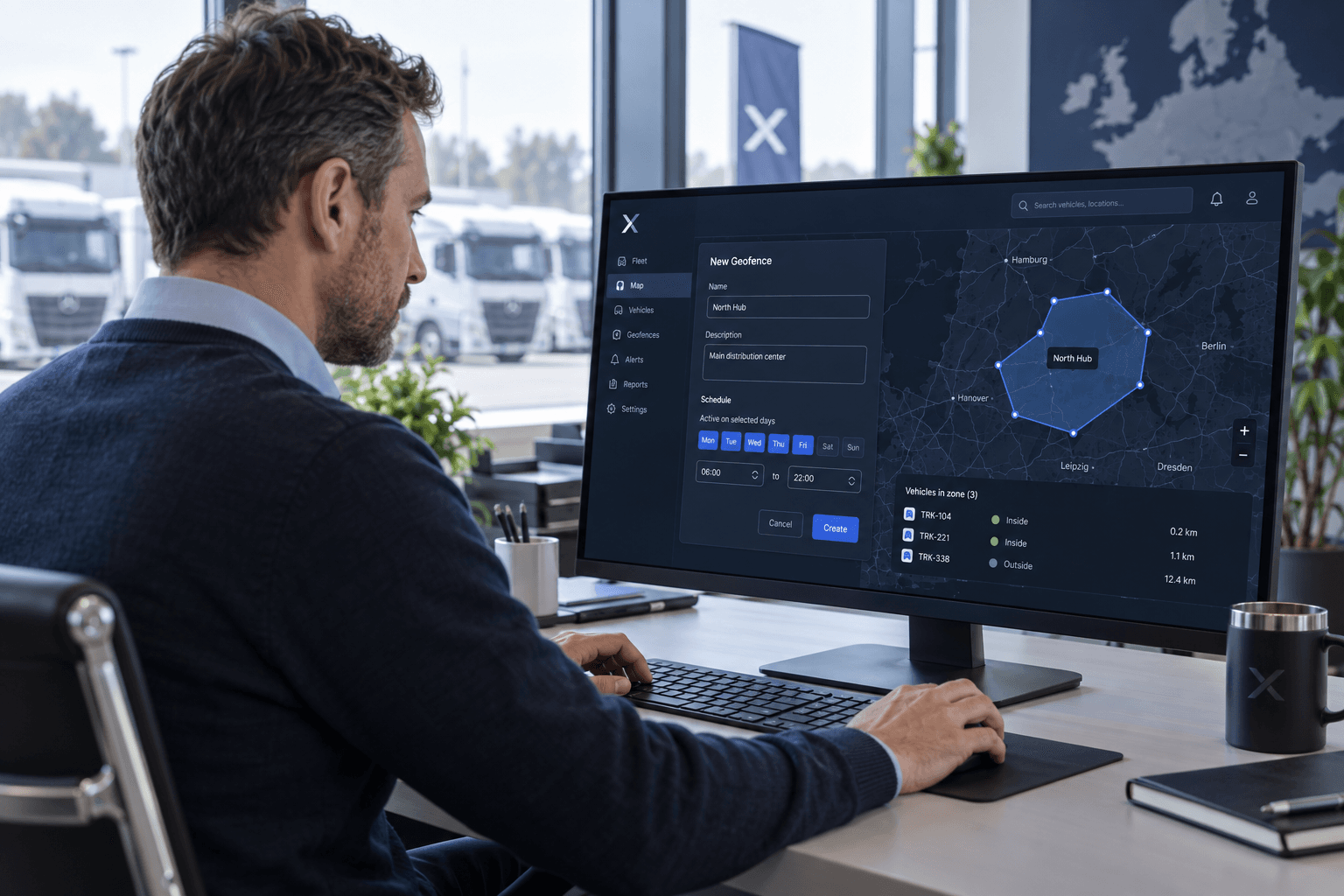 Flottenmanager gibt Geofence-Zonendetails am Arbeitsplatz ein