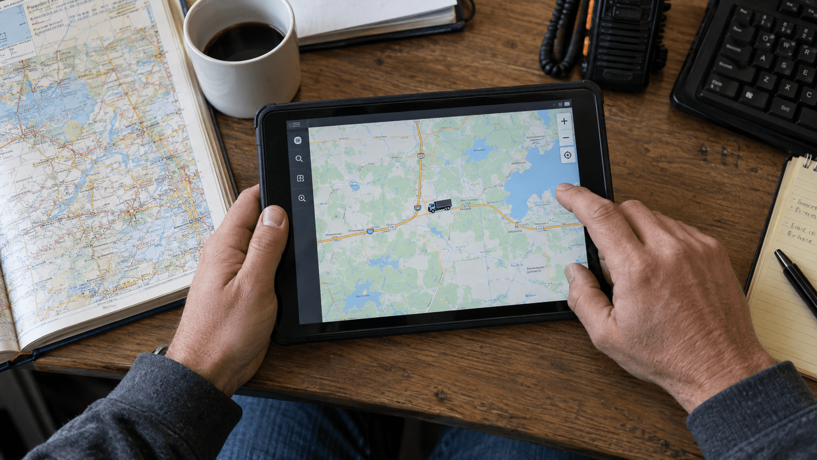 Hände bedienen die Zoomsteuerung einer Karte auf einem Tablet