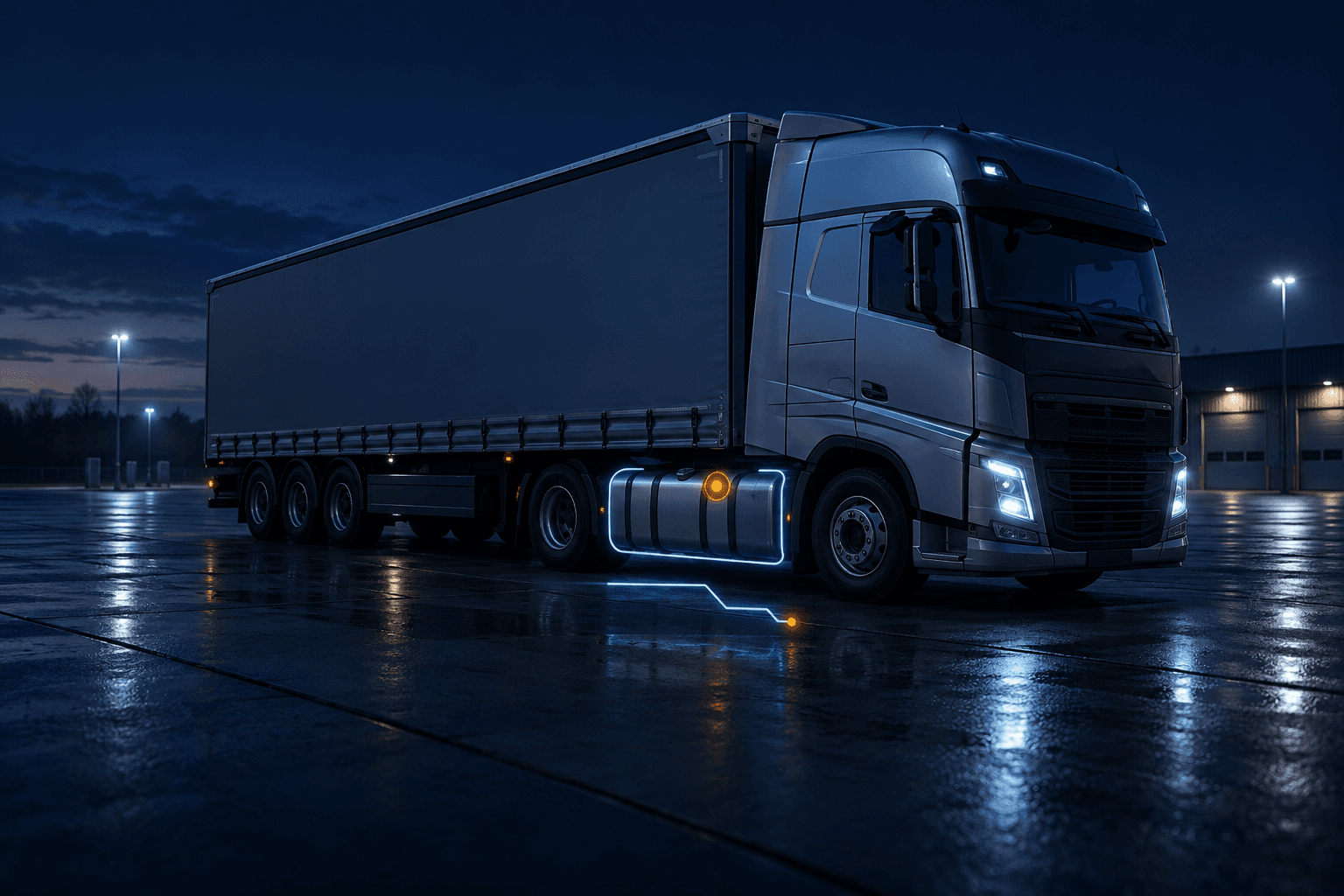 Illustration eines geparkten Lkw mit hervorgehobenem Tank und fallendem Tankstandsverlauf.