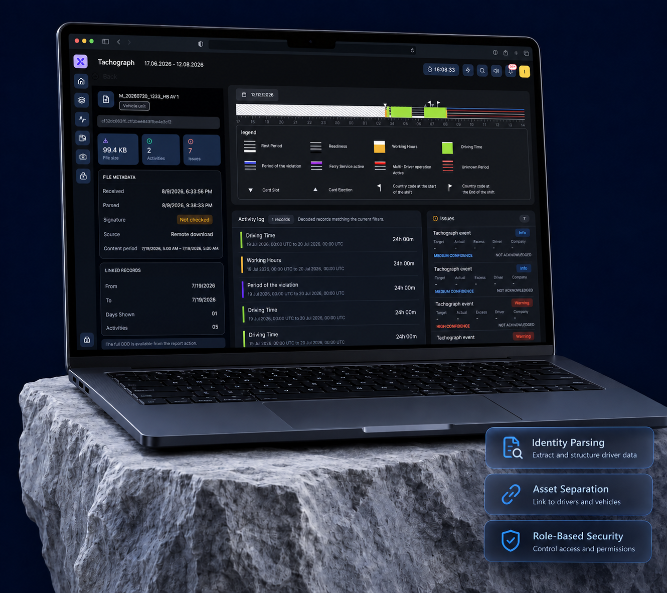Laptop-Mockup mit Tachograph-Dashboard, Dateimetadaten, Aktivitätszeitleiste und Ereignissen